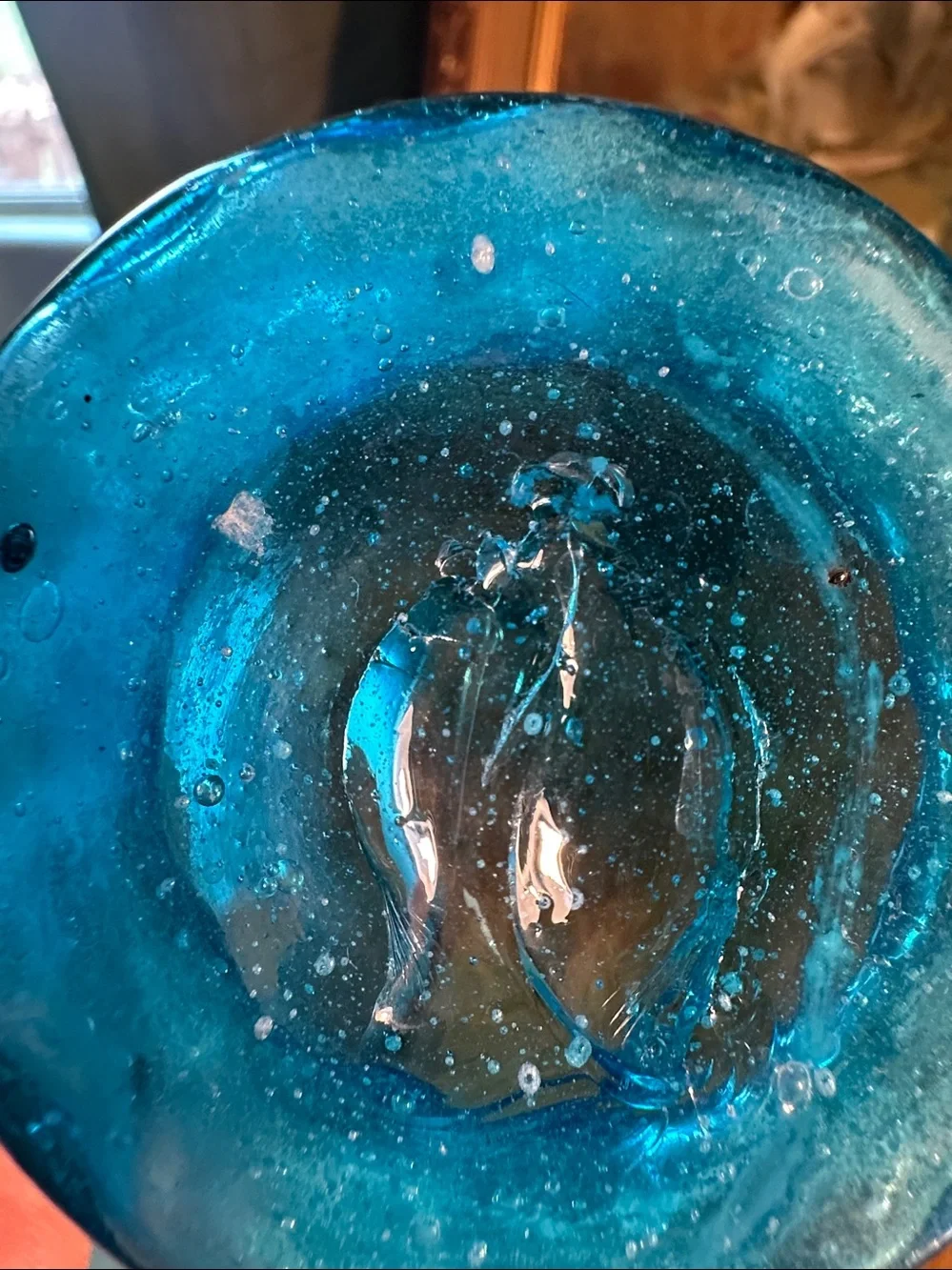 Two piece blue glass blown . Vase and salt cellar .